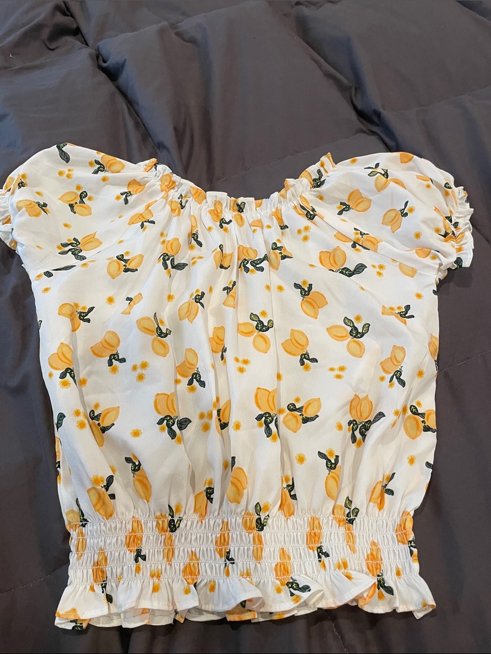 White Lemon Print Smocked Crop Top
